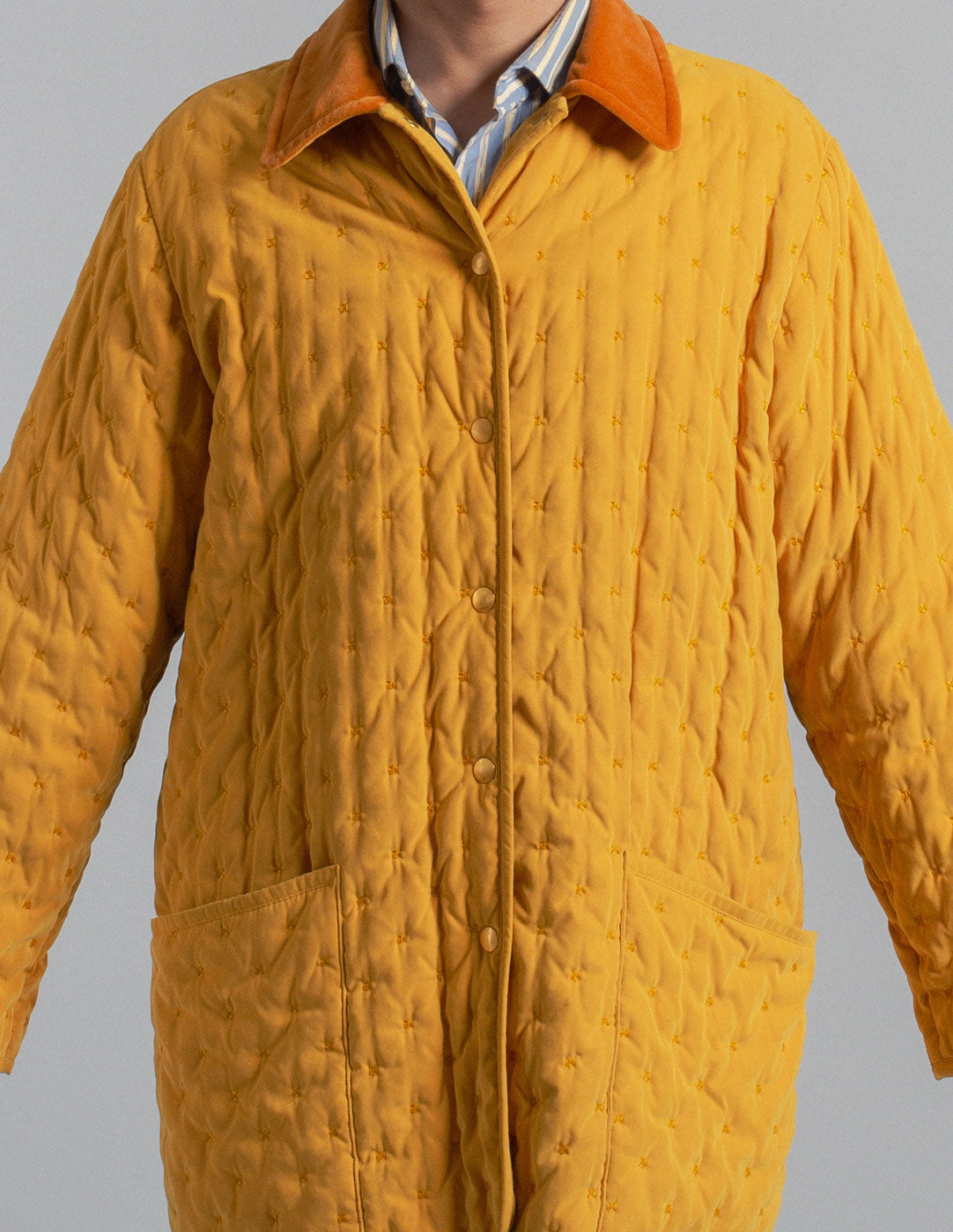 Hermès vintage marigold quilted coat with contrasting velvet collar detail