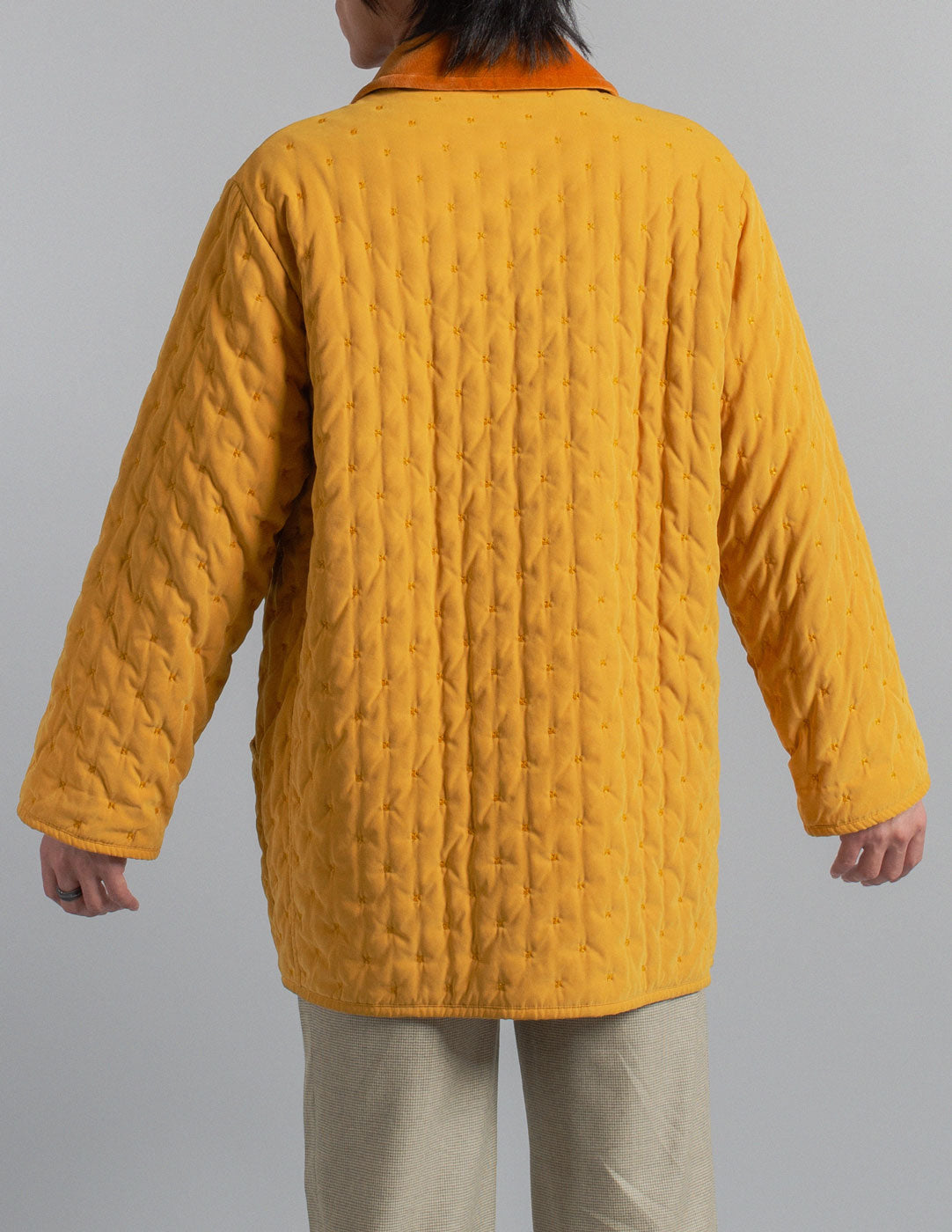 Hermès vintage marigold quilted coat with contrasting velvet collar back detail