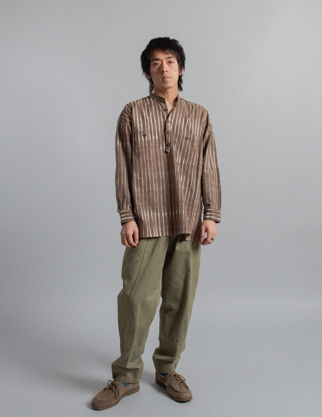 Issey Miyake vintage brushstroke striped cotton band collar shirt