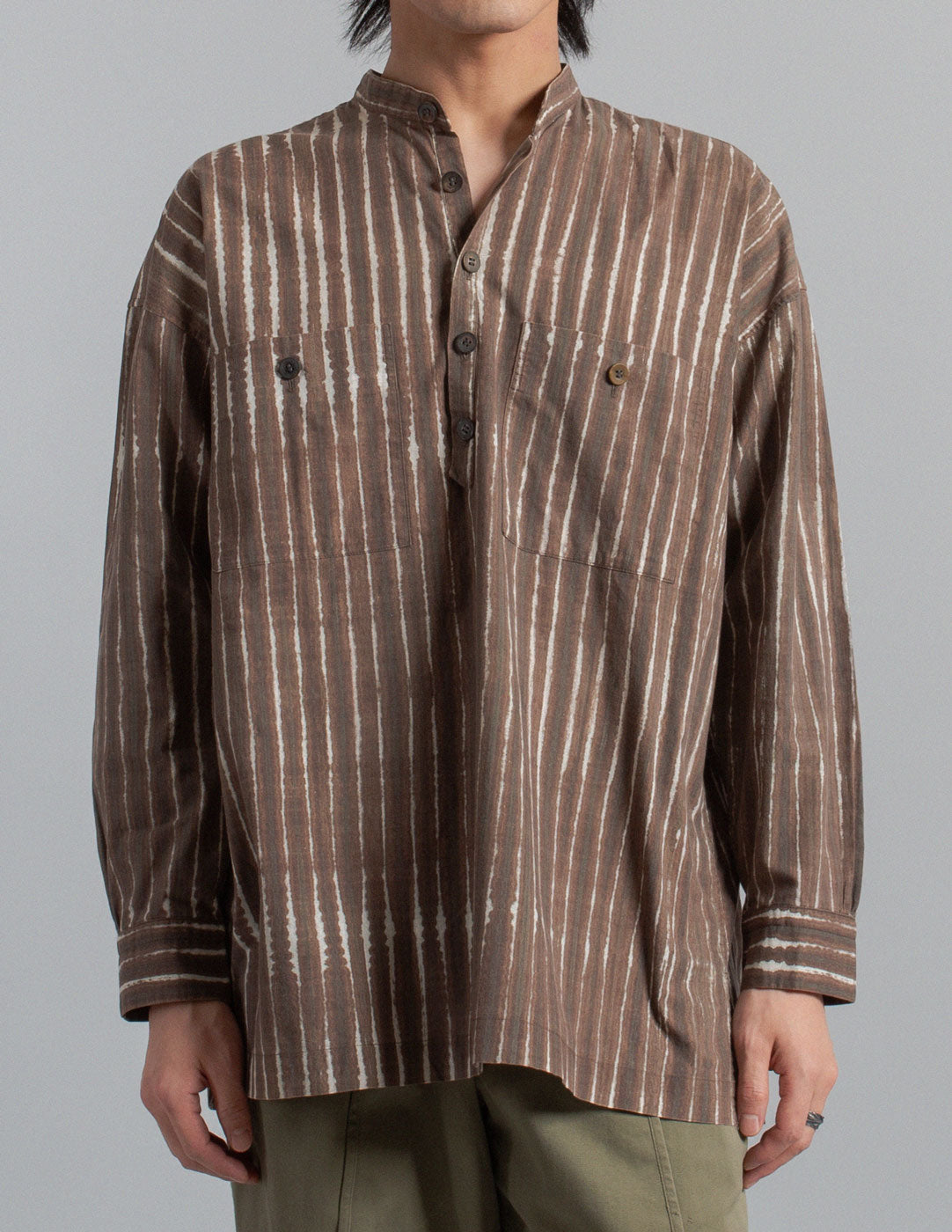 Issey Miyake vintage brushstroke striped cotton band collar shirt front detail
