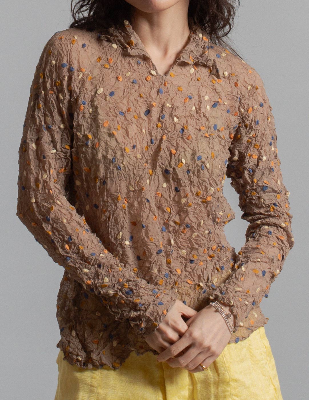 Issey Miyake vintage embroidered confetti crinkled top front detail