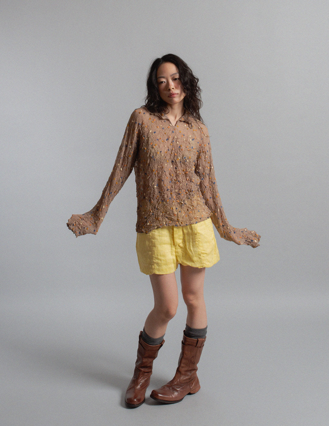 Issey Miyake vintage embroidered confetti crinkled top