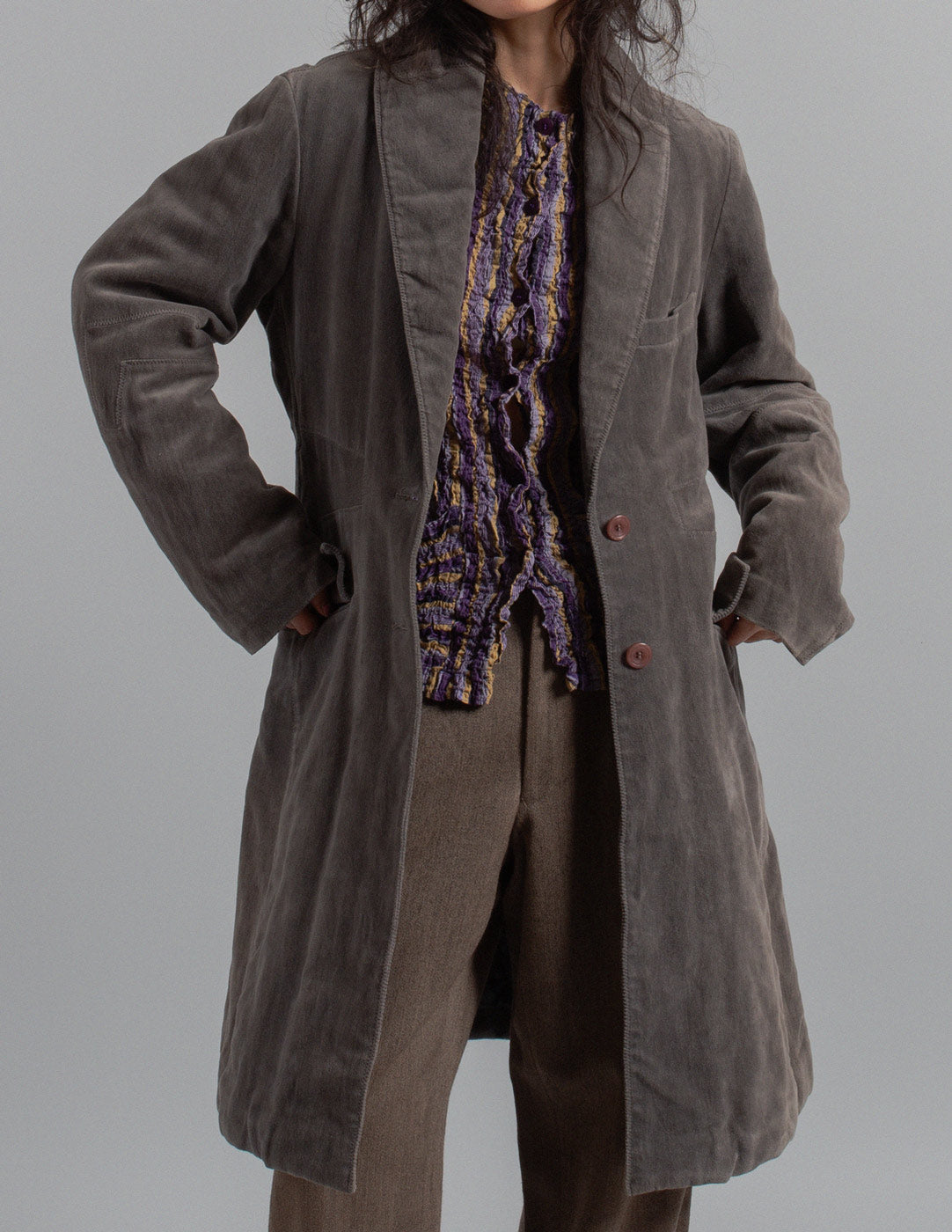 Issey Miyake charcoal velvet sculpted coat front detail