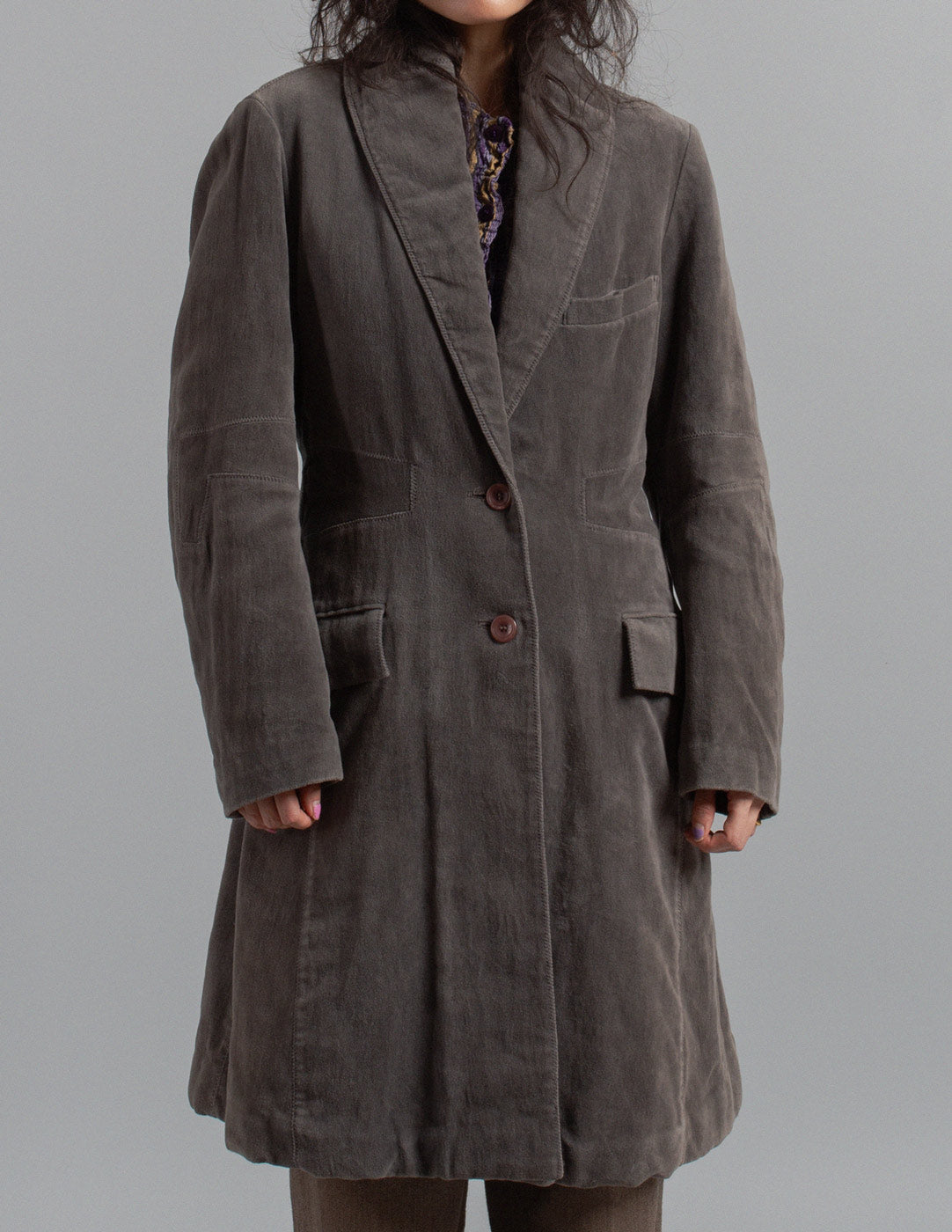 Issey Miyake charcoal velvet sculpted coat front detail