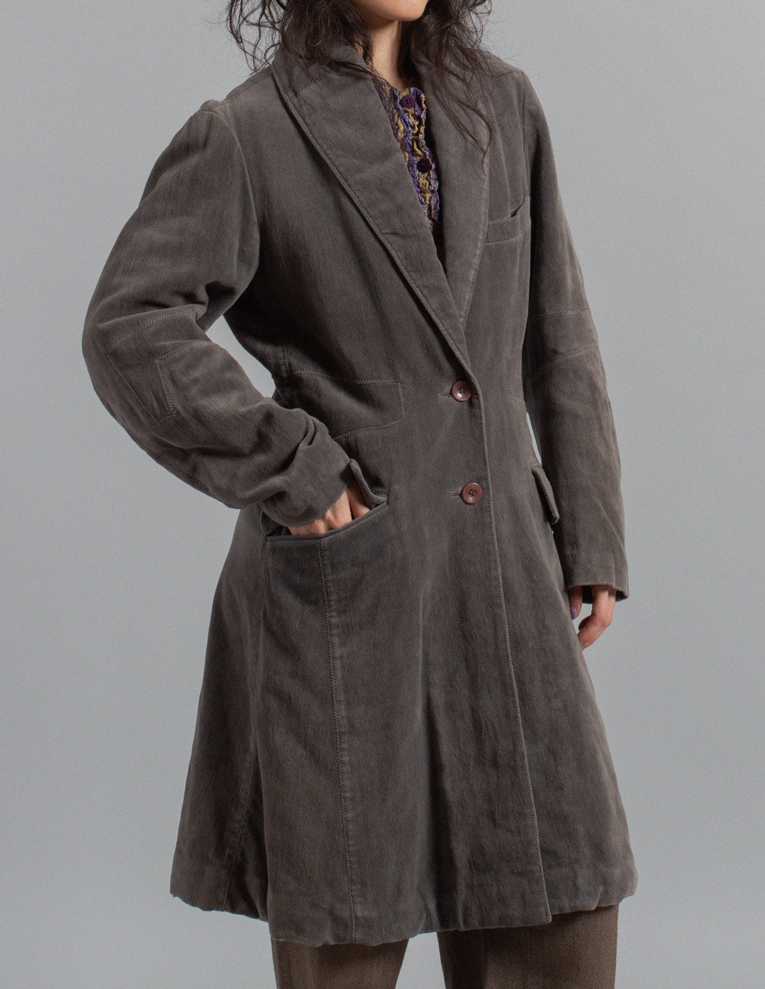 Issey Miyake charcoal velvet sculpted coat side detail