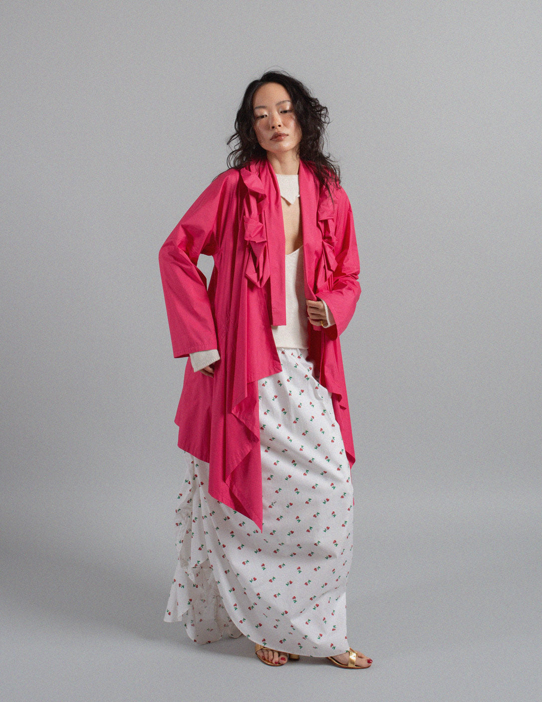 Issey Miyake fuchsia ruffle spring coat