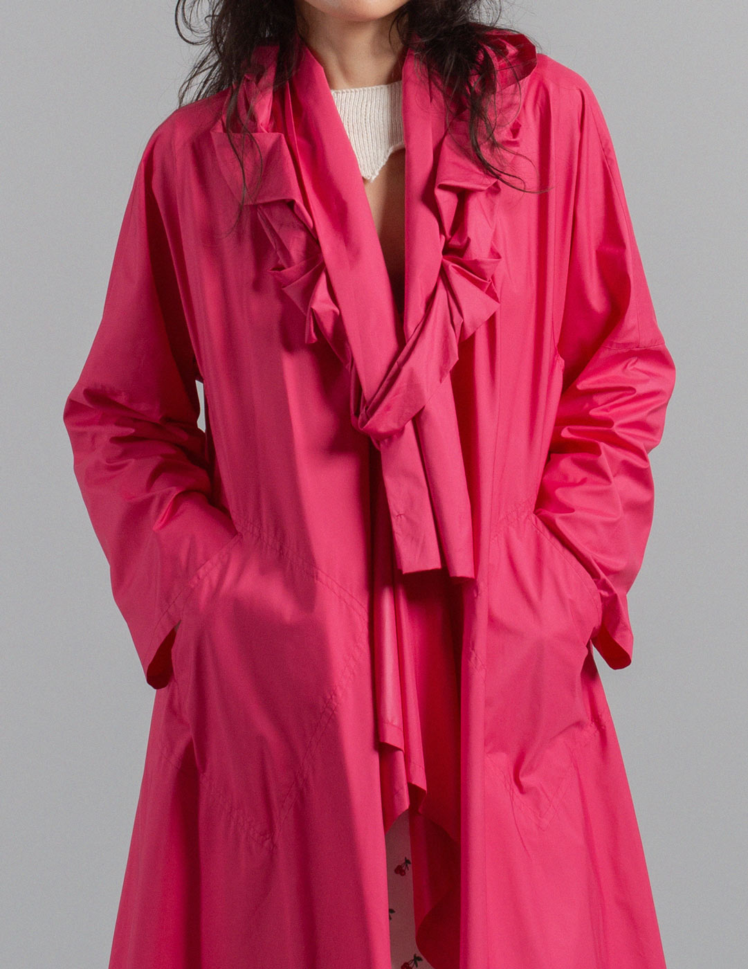Issey Miyake fuchsia ruffle spring coat detail