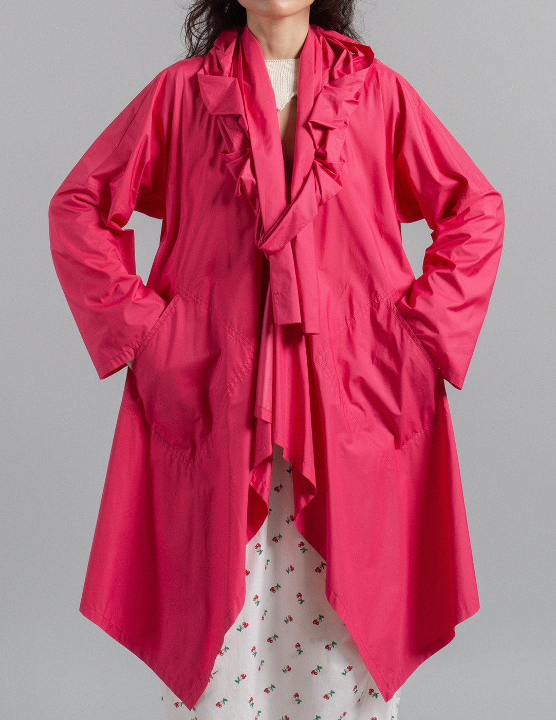 Issey Miyake fuchsia ruffle spring coat front detail