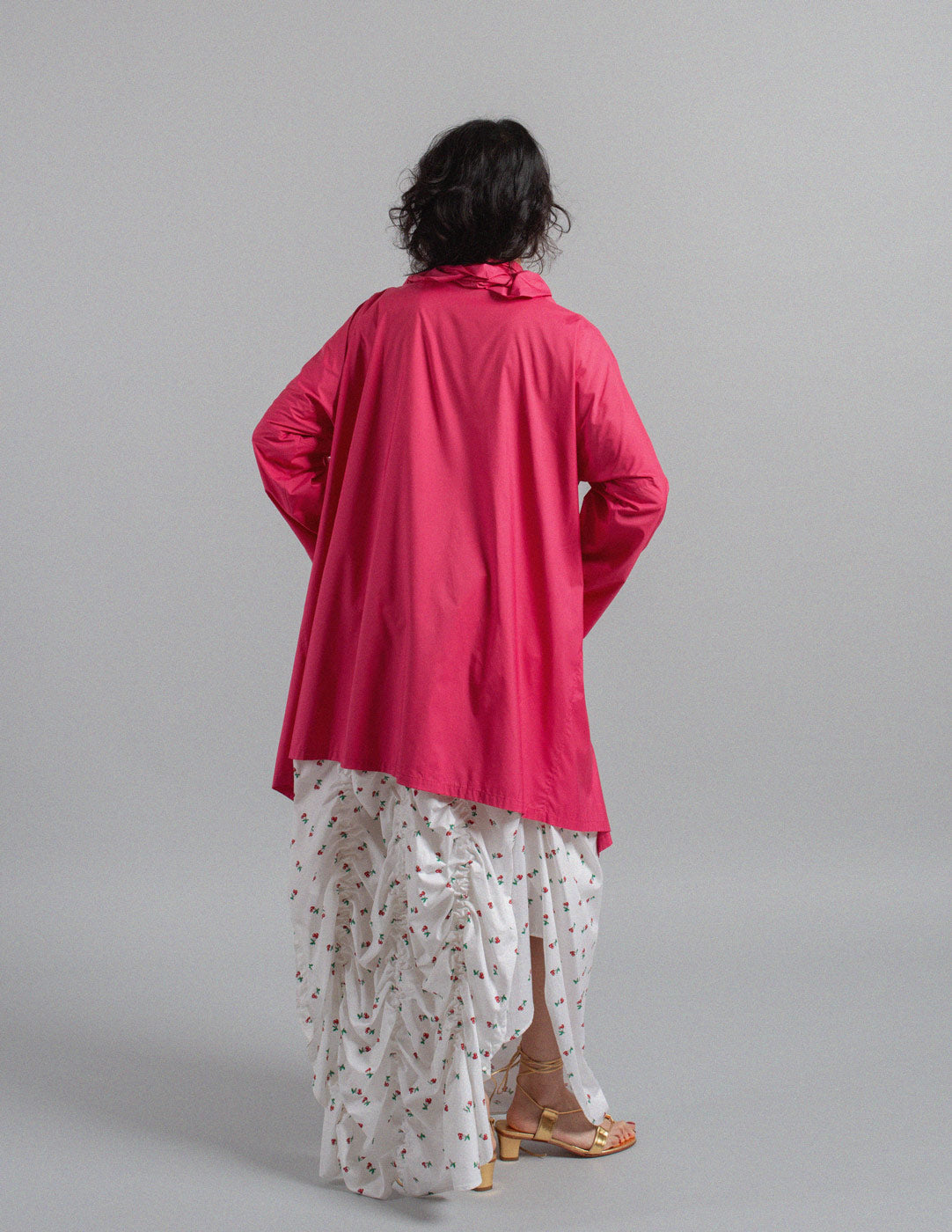 Issey Miyake fuchsia ruffle spring coat back view