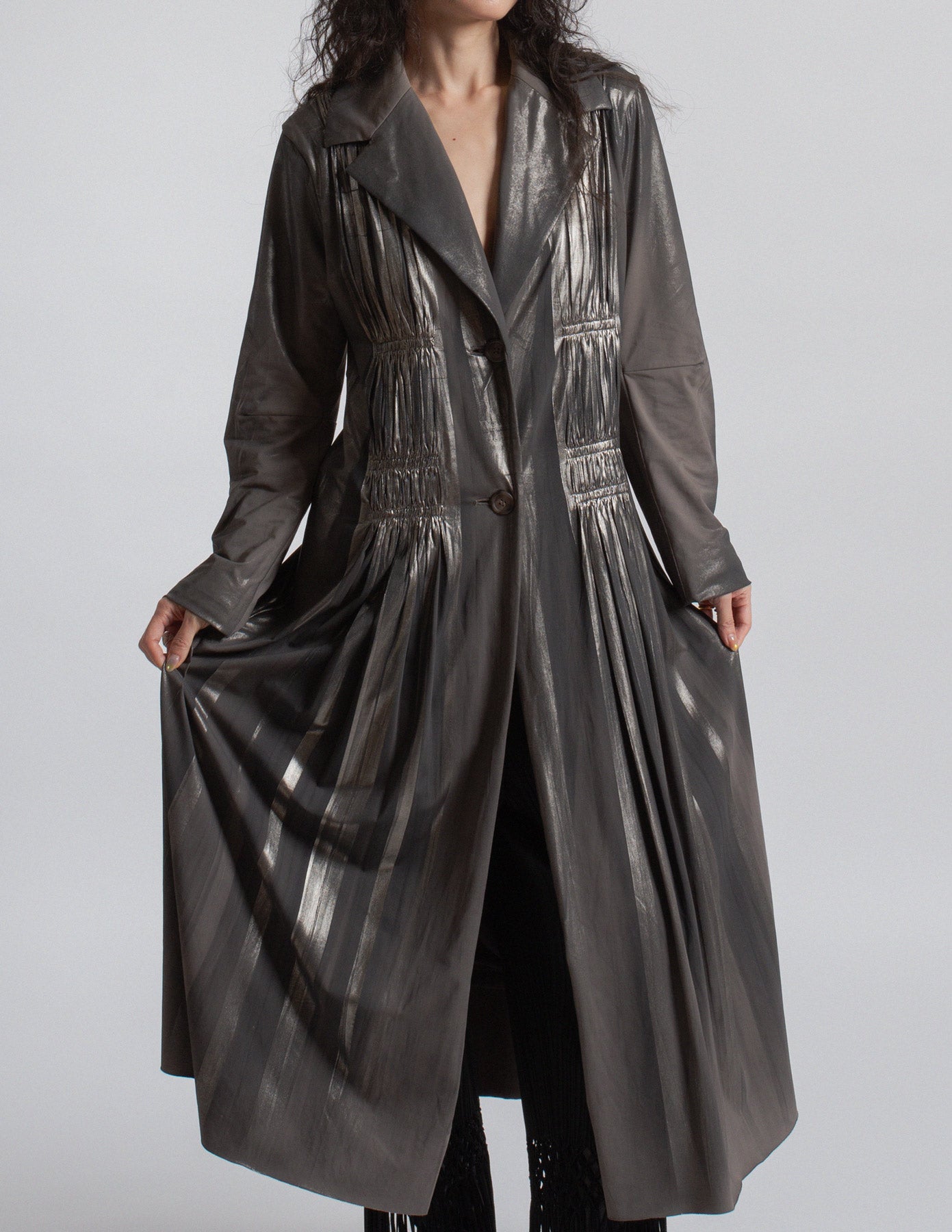 Issey Miyake vintage metallic pewter gray pleated maxi coat detail
