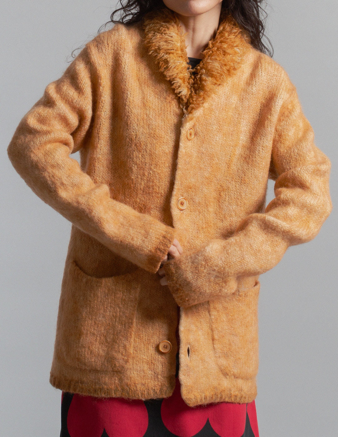 Issey Miyake vintage textured wool knit jacket with shag collar front detail