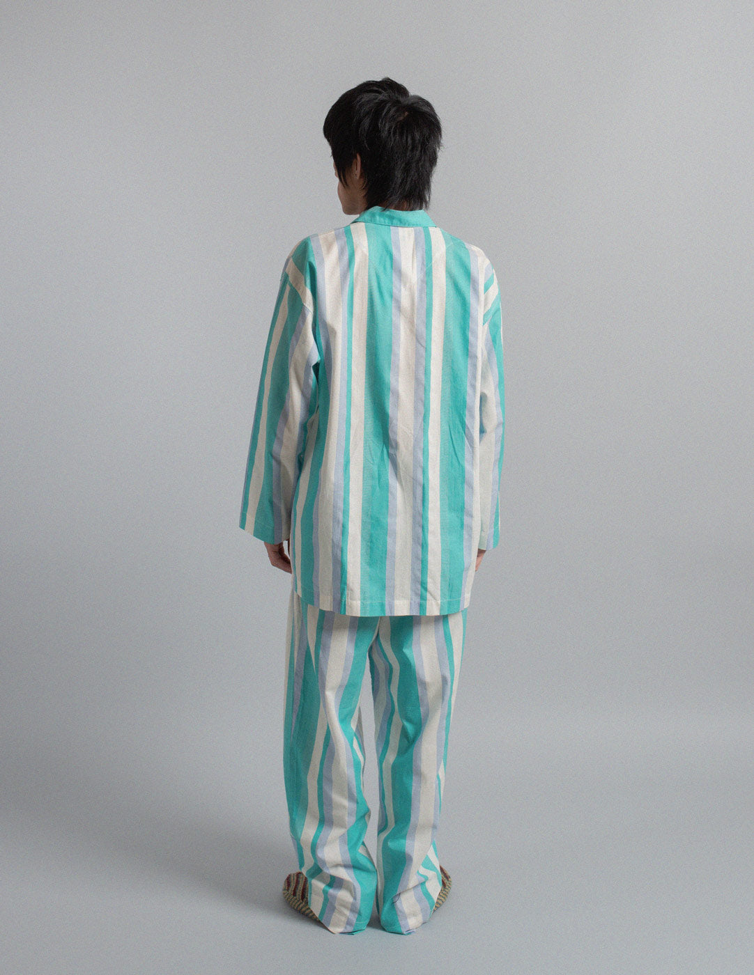Issey Miyake vintage aquamarine striped cotton pajama set back view