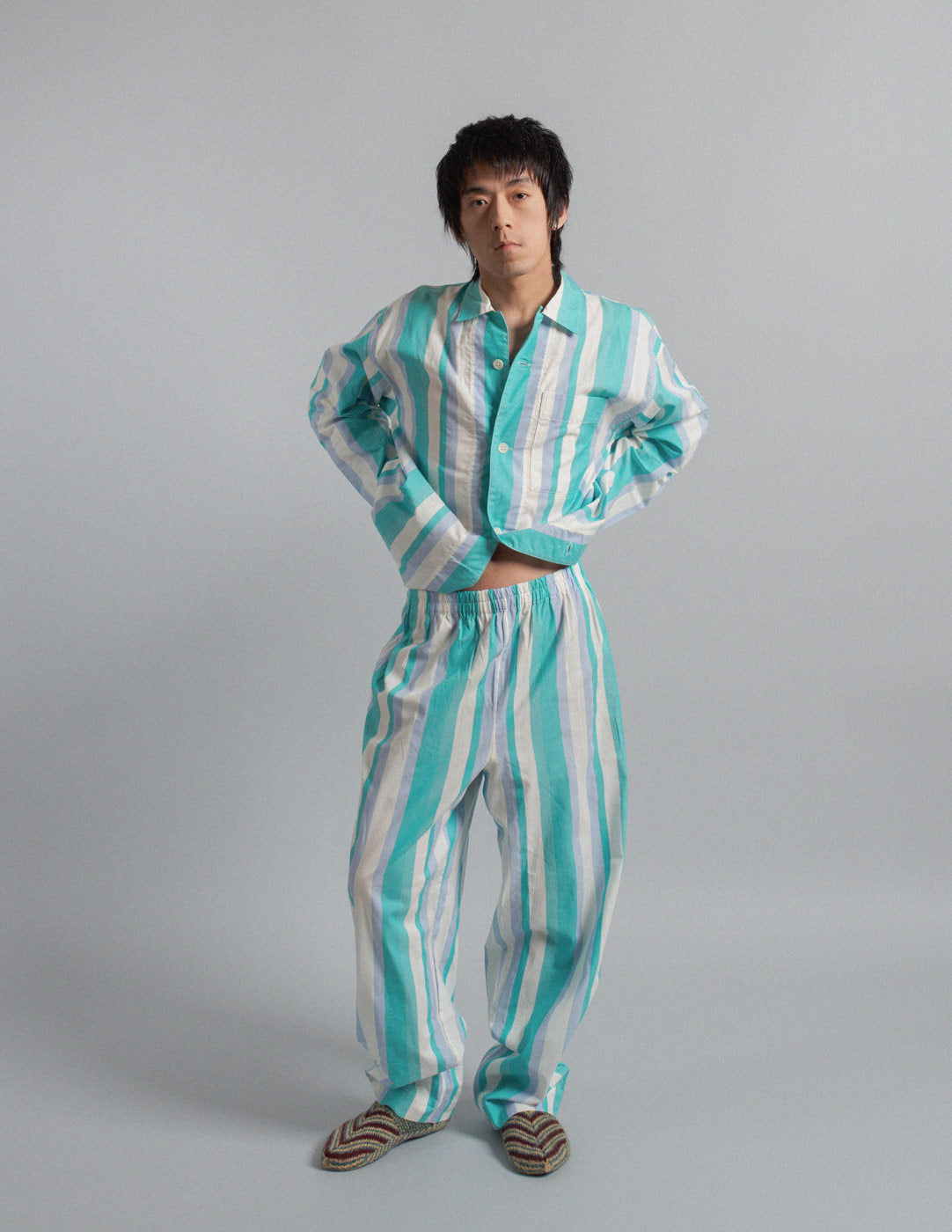 Issey Miyake vintage aquamarine striped cotton pajama set