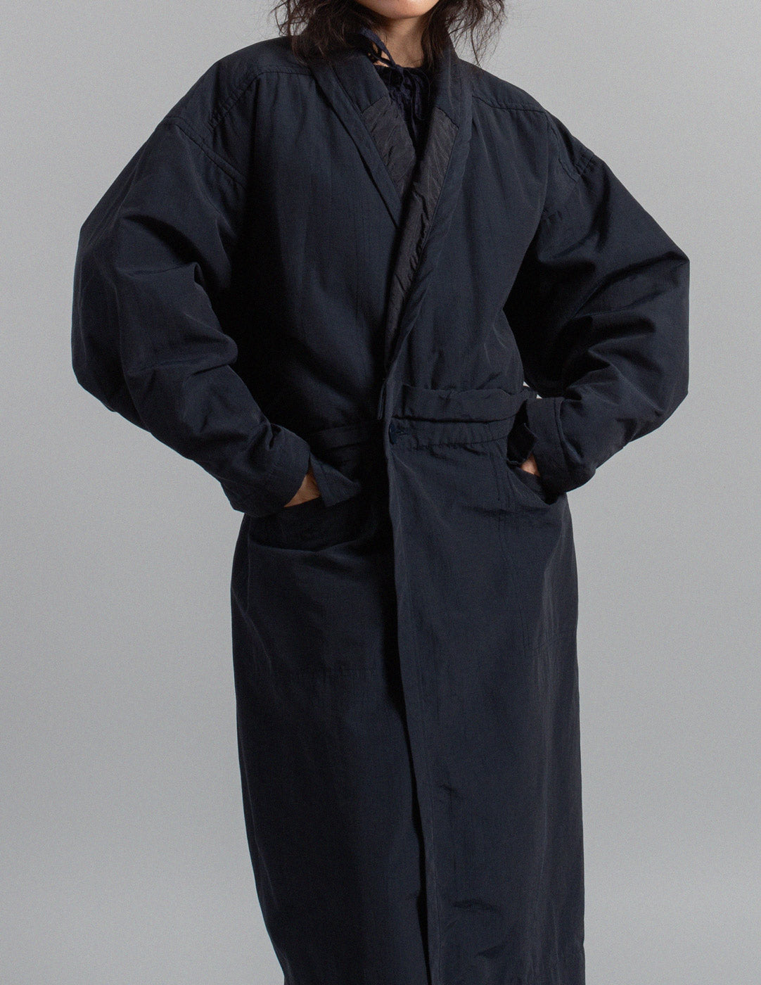 Plantation vintage navy quilted wrap coat front detail