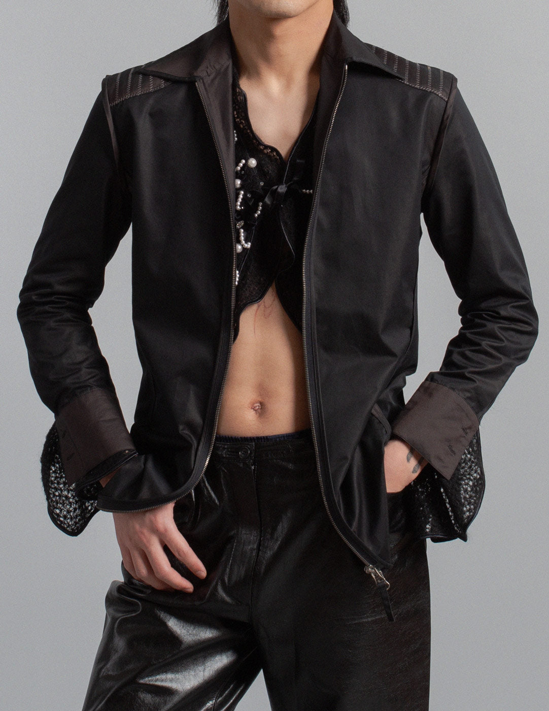 vintage structured zip shirt jacket with contrasting stitching details