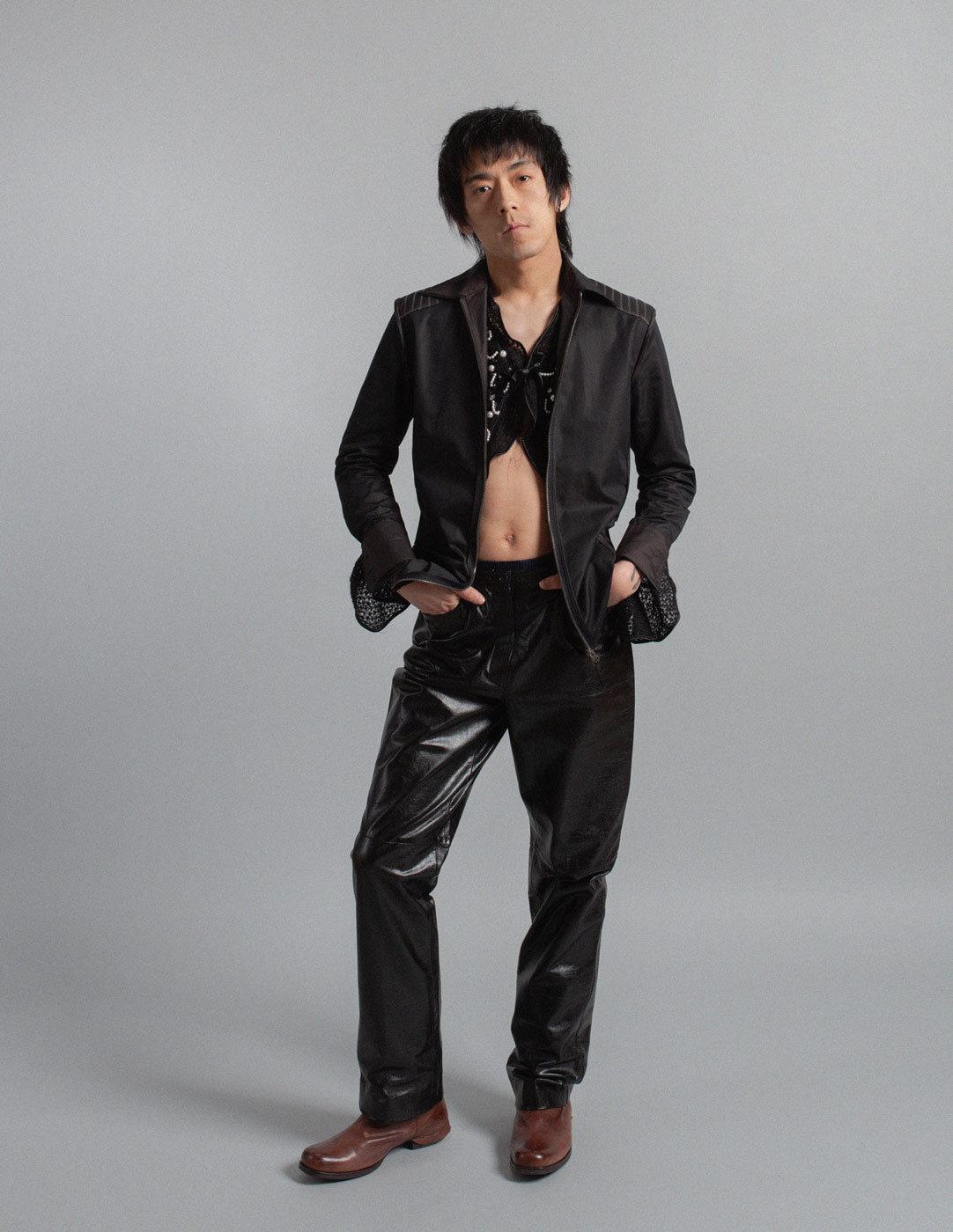 vintage structured zip shirt jacket with contrasting stitching details