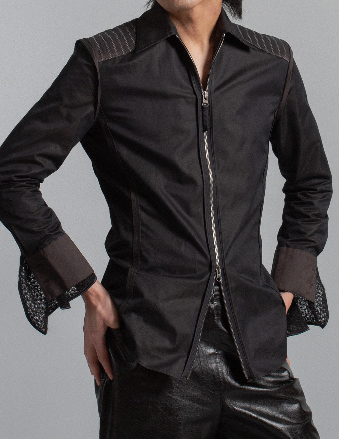 vintage structured zip shirt jacket with contrasting stitching details