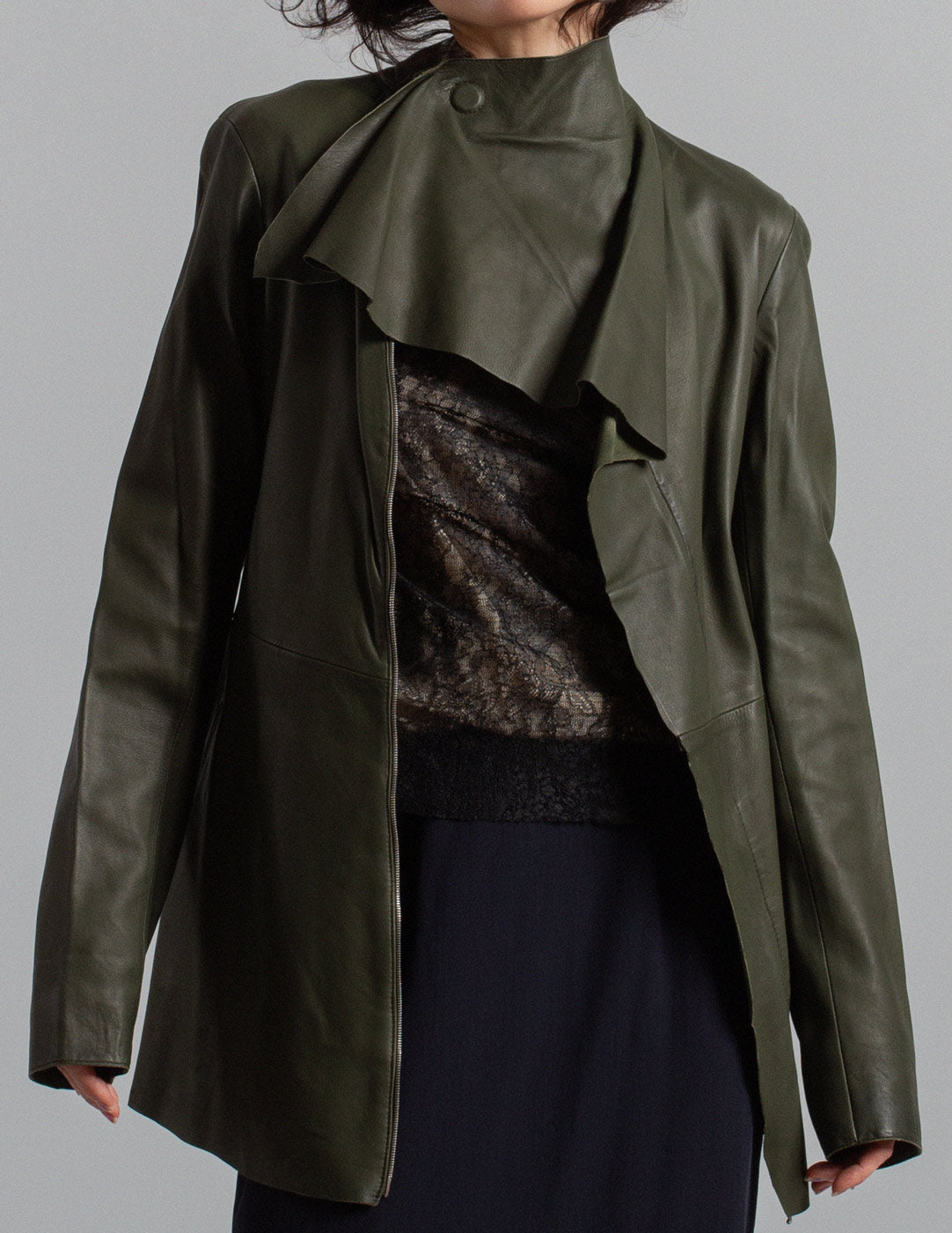 Jean Paul Gaultier vintage olive green leather jacket with draped high collar detail