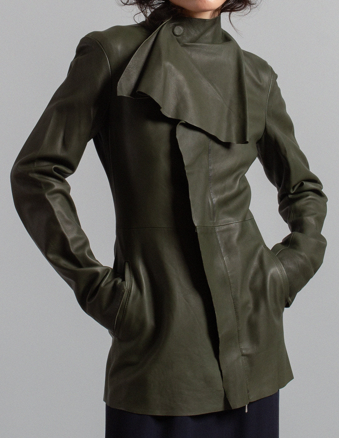 Jean Paul Gaultier vintage olive green leather jacket with draped high collar detail