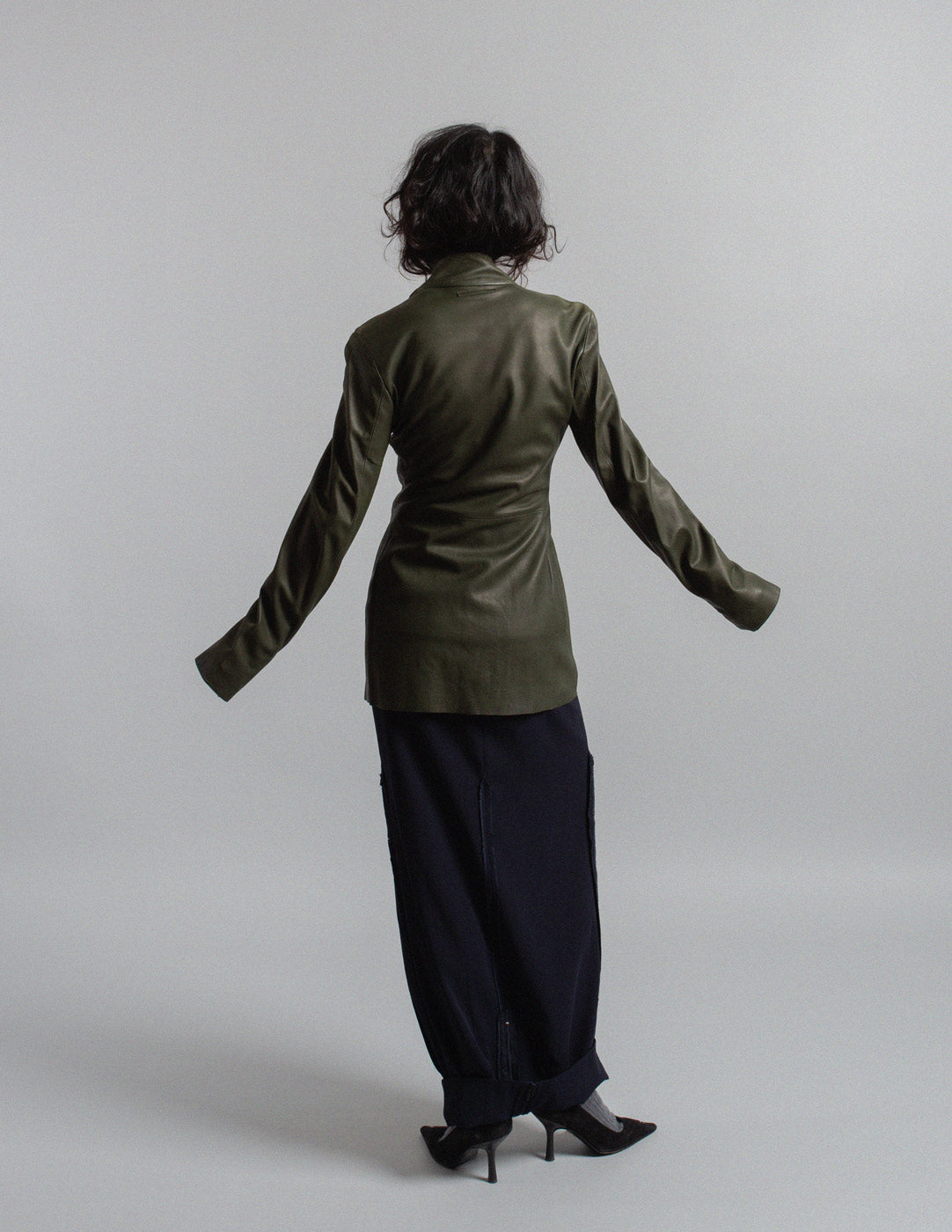 Jean Paul Gaultier vintage olive green leather jacket with draped high collar back view