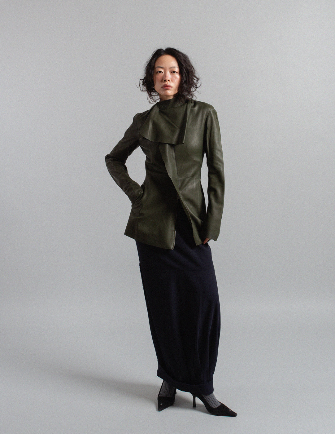 Jean Paul Gaultier vintage olive green leather jacket with draped high collar