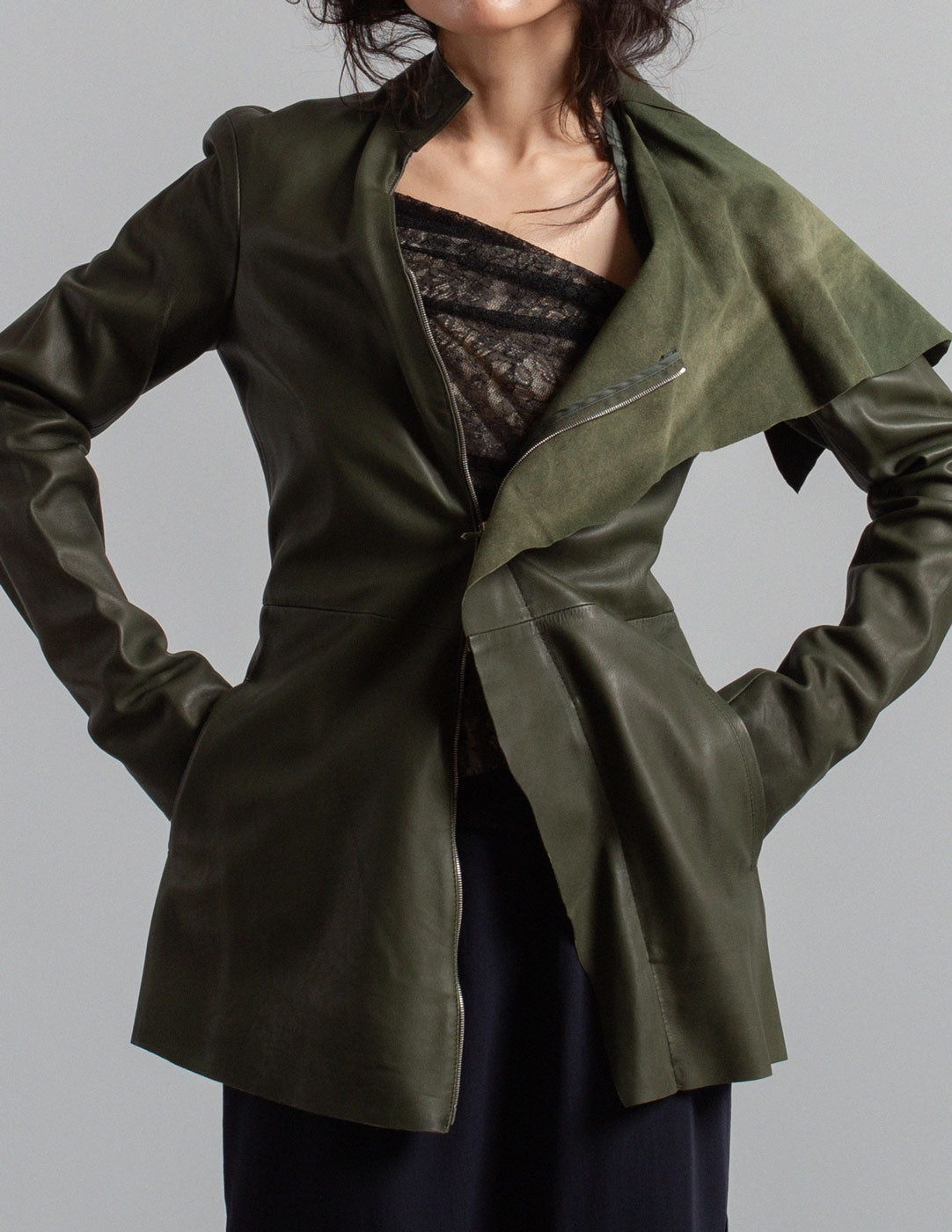 Jean Paul Gaultier vintage olive green leather jacket with draped high collar detail