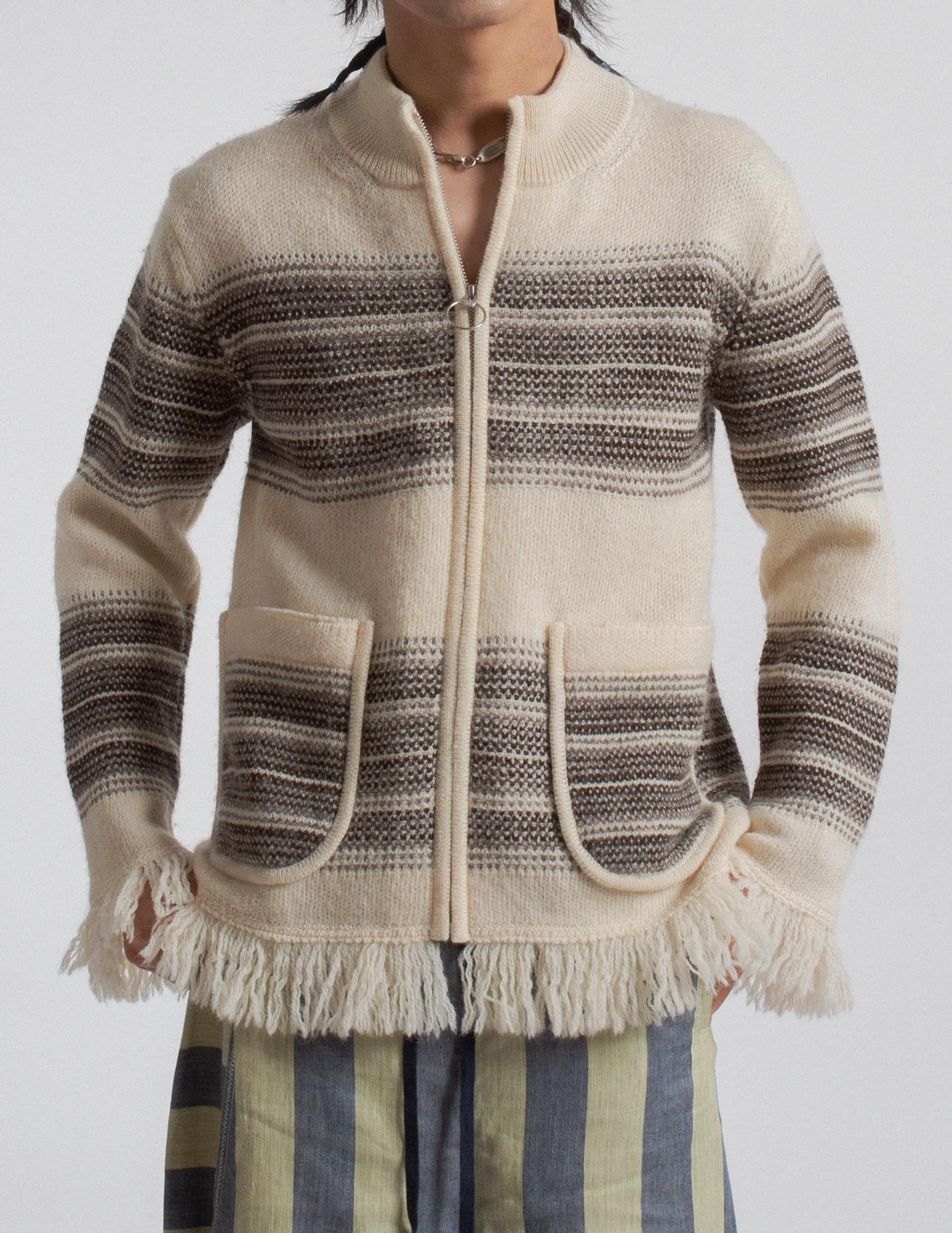 Junya Watanabe Man striped wool fringe zip-up knit jacket front detail