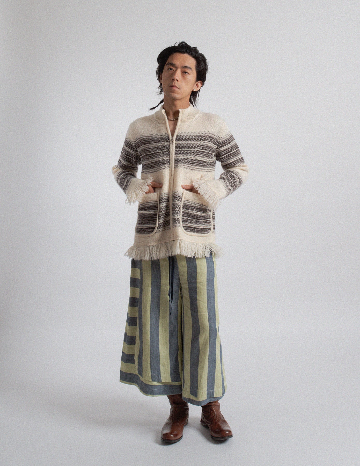 Junya Watanabe Man striped wool fringe zip-up knit jacket