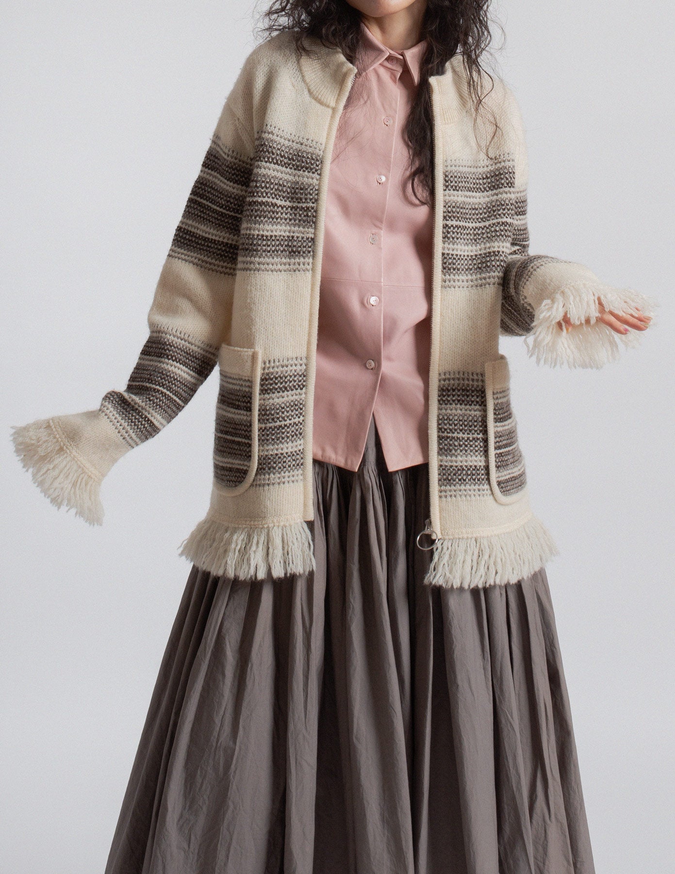 Junya Watanabe Man striped wool fringe zip-up knit jacket open detail