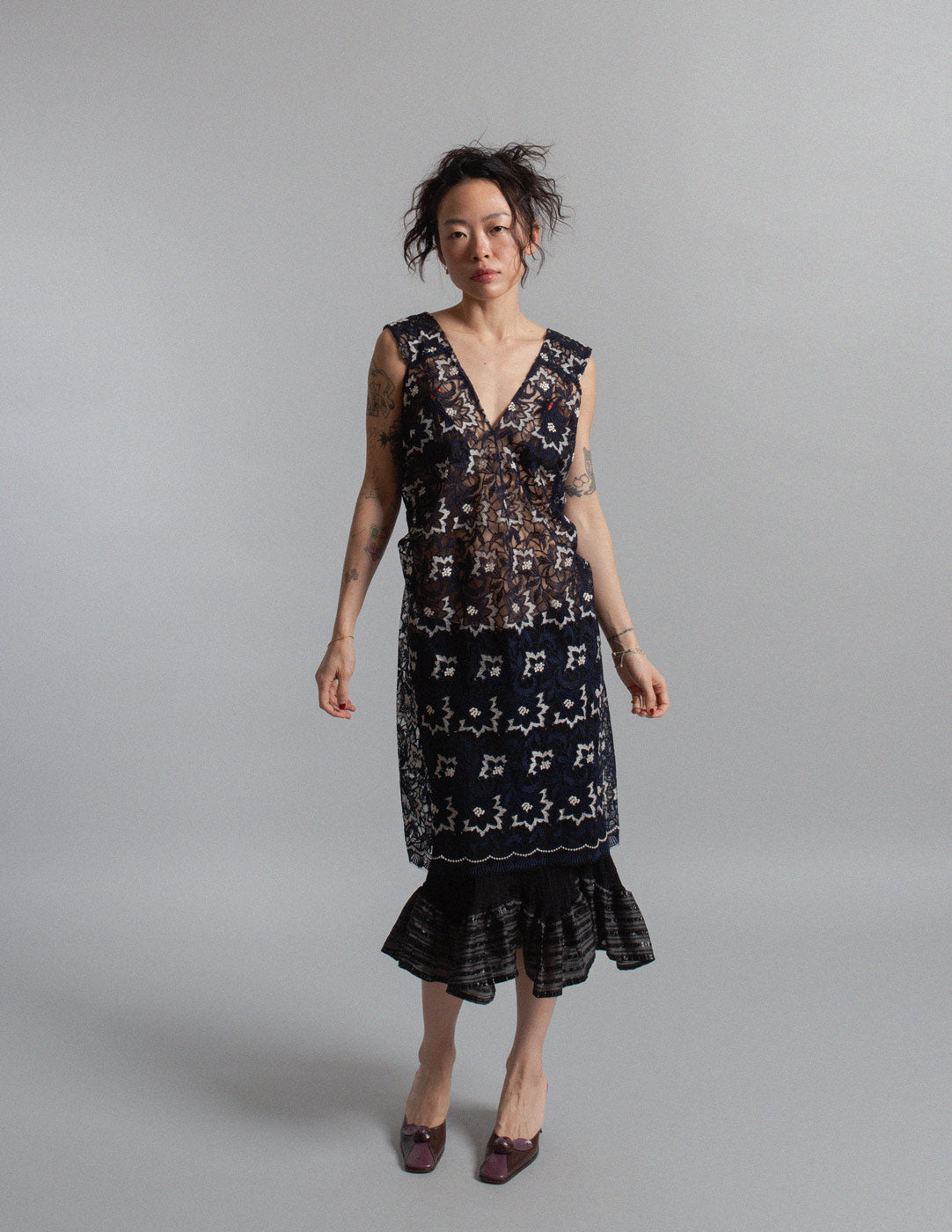 Junya Watanabe floral lace deep-v dress