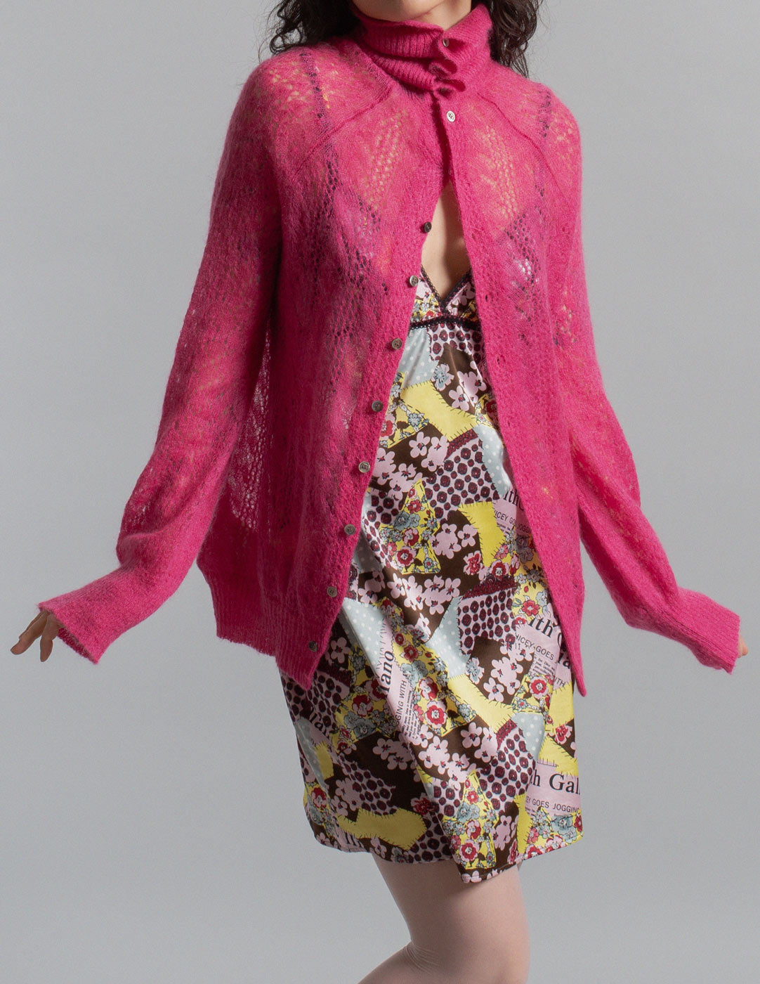 Junya Watanabe vintage fuchsia mohair lace knit cardigan detail