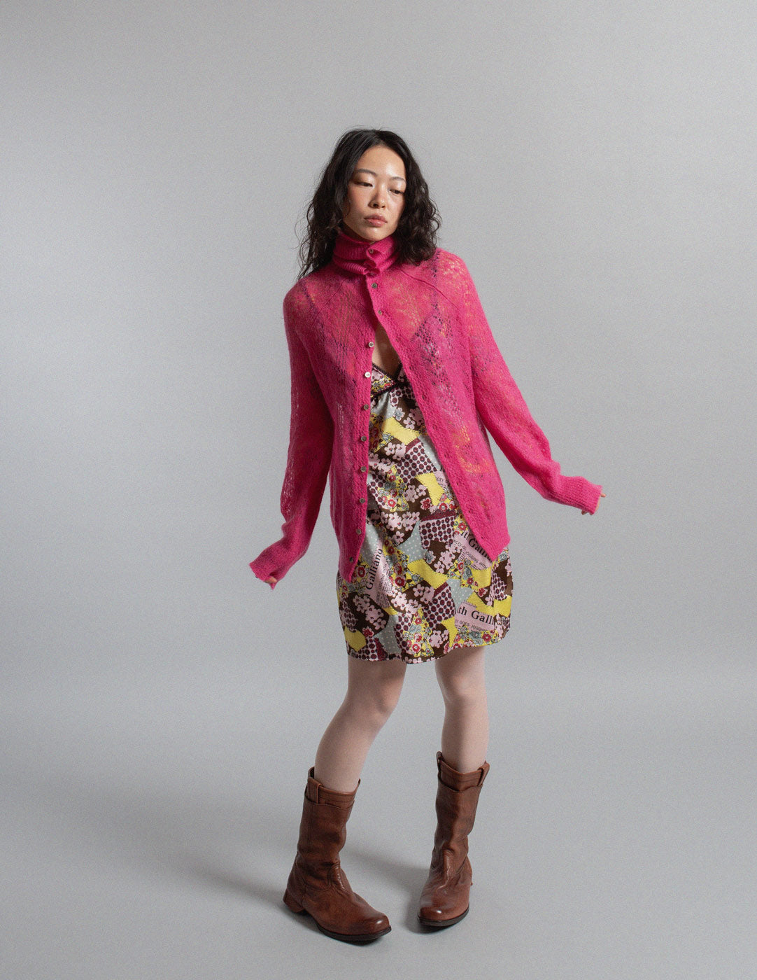 Junya Watanabe vintage fuchsia mohair lace knit cardigan