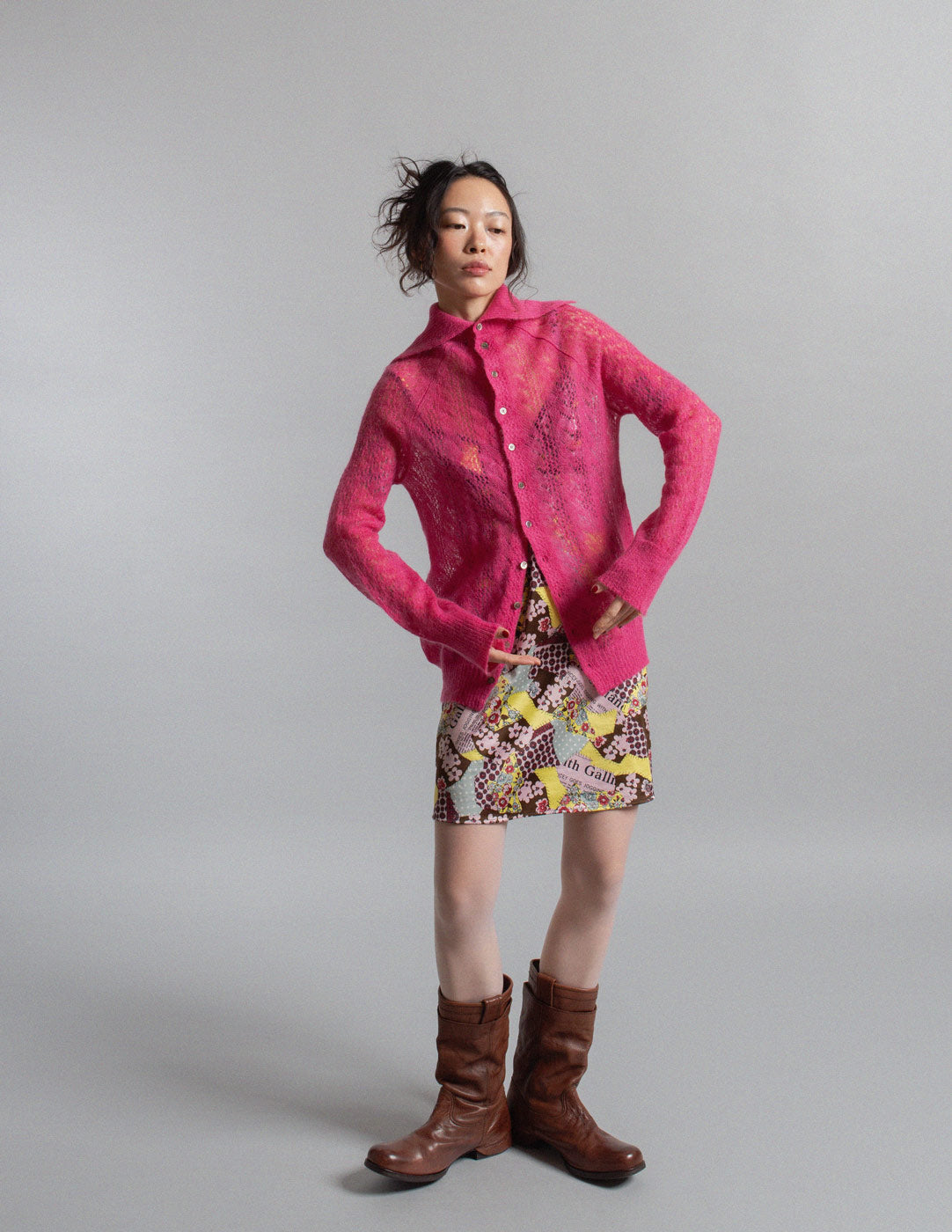 Junya Watanabe vintage fuchsia mohair lace knit cardigan