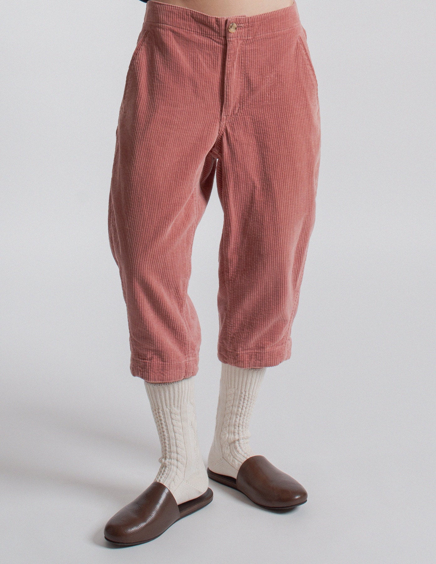 Comme des Garçons Homme dusty rose corduroy cropped cocoon pants front detail