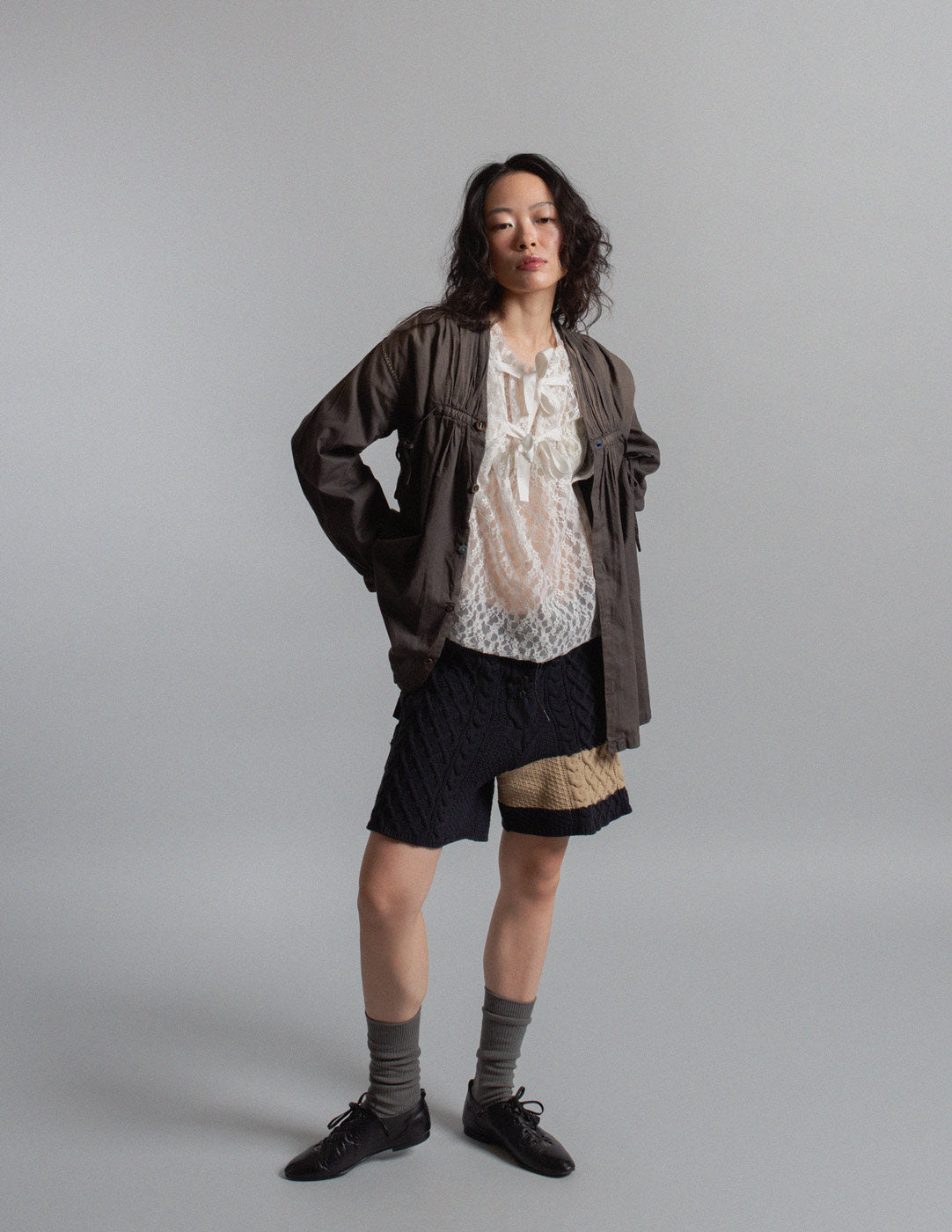 Kapital black wash gathered smock shirt open view