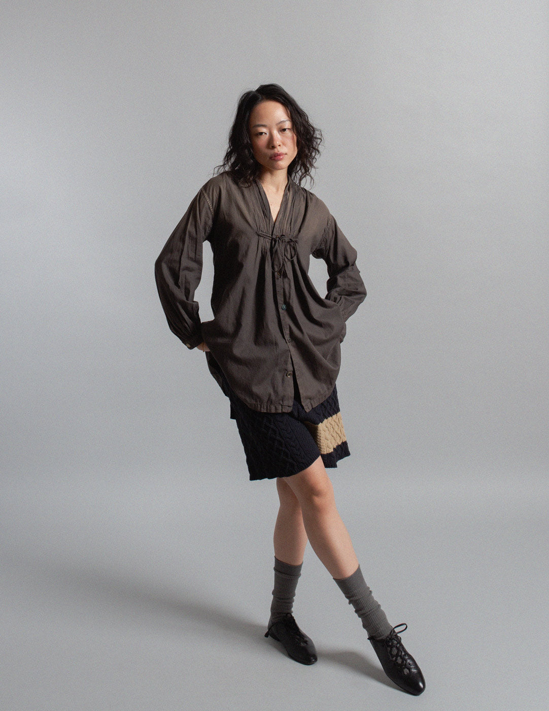 Kapital black wash gathered smock shirt