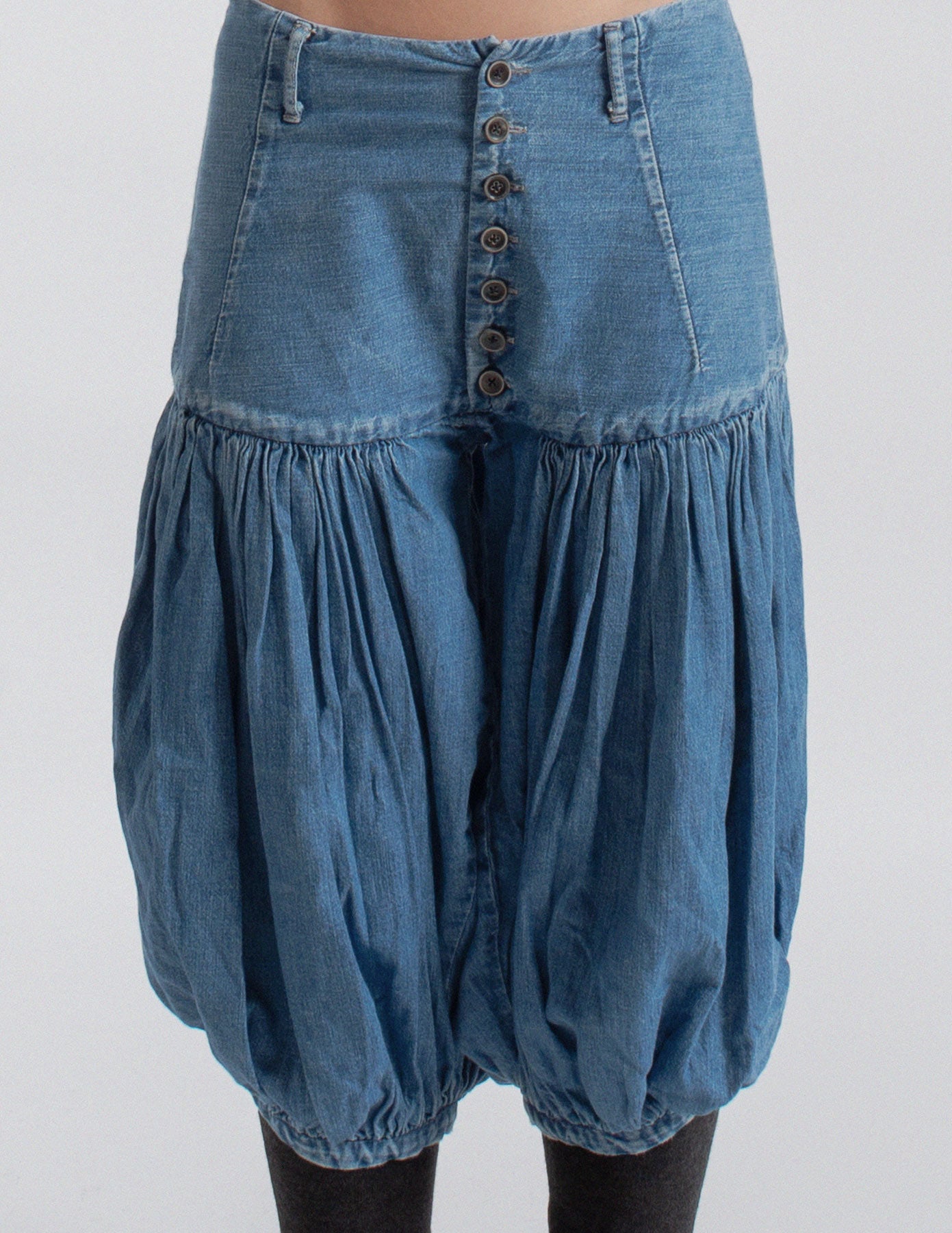 Kapital light wash denim balloon bloomers front detail