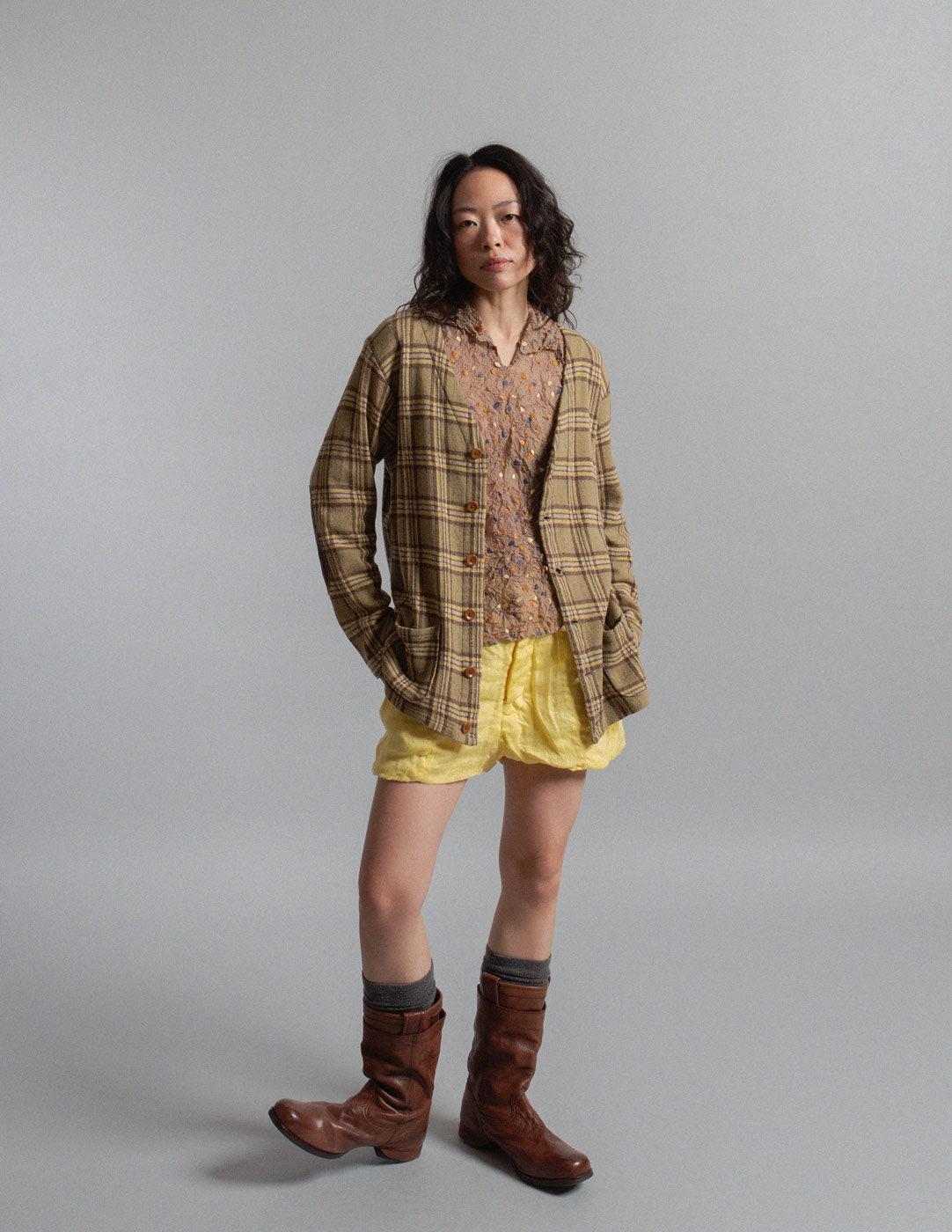 Kapital plaid cotton cardigan jacket with leather elbow patches