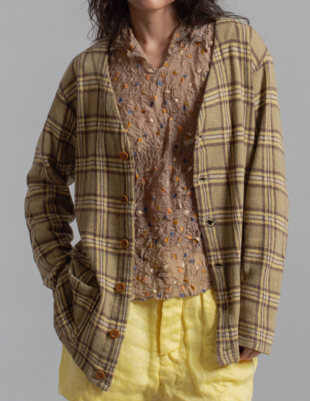 Kapital plaid cotton cardigan jacket with leather elbow patches open detail