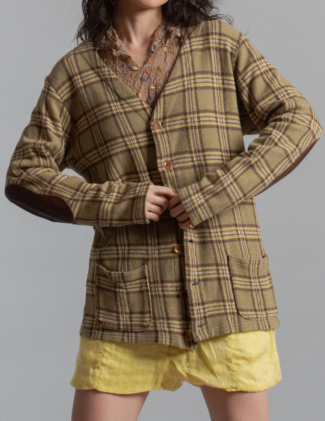 Kapital plaid cotton cardigan jacket with leather elbow patches front detail