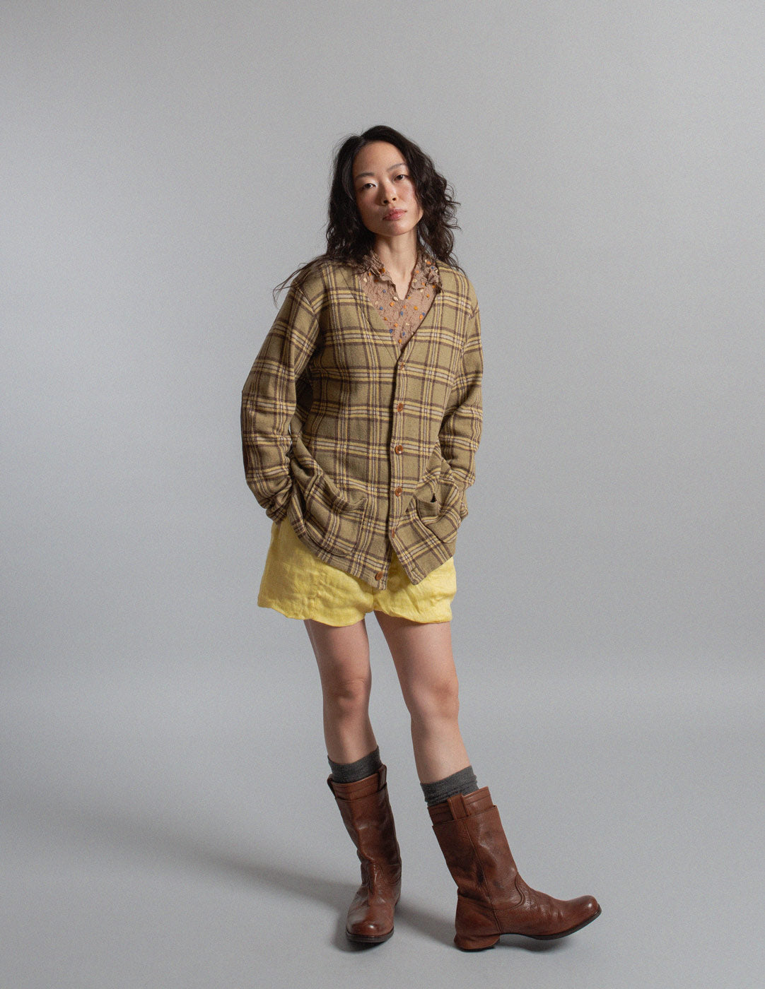 Kapital plaid cotton cardigan jacket with leather elbow patches