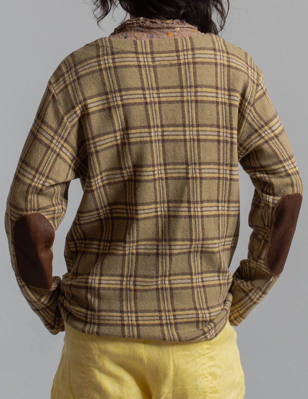 Kapital plaid cotton cardigan jacket with leather elbow patches back detail