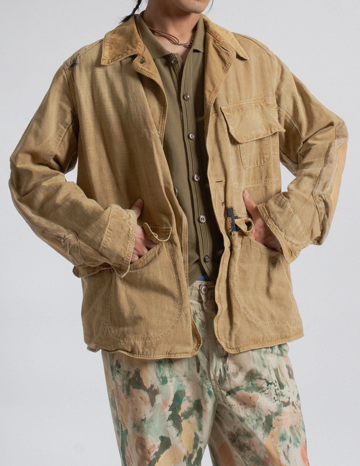 Kapital distressed canvas utility jacket layered detail