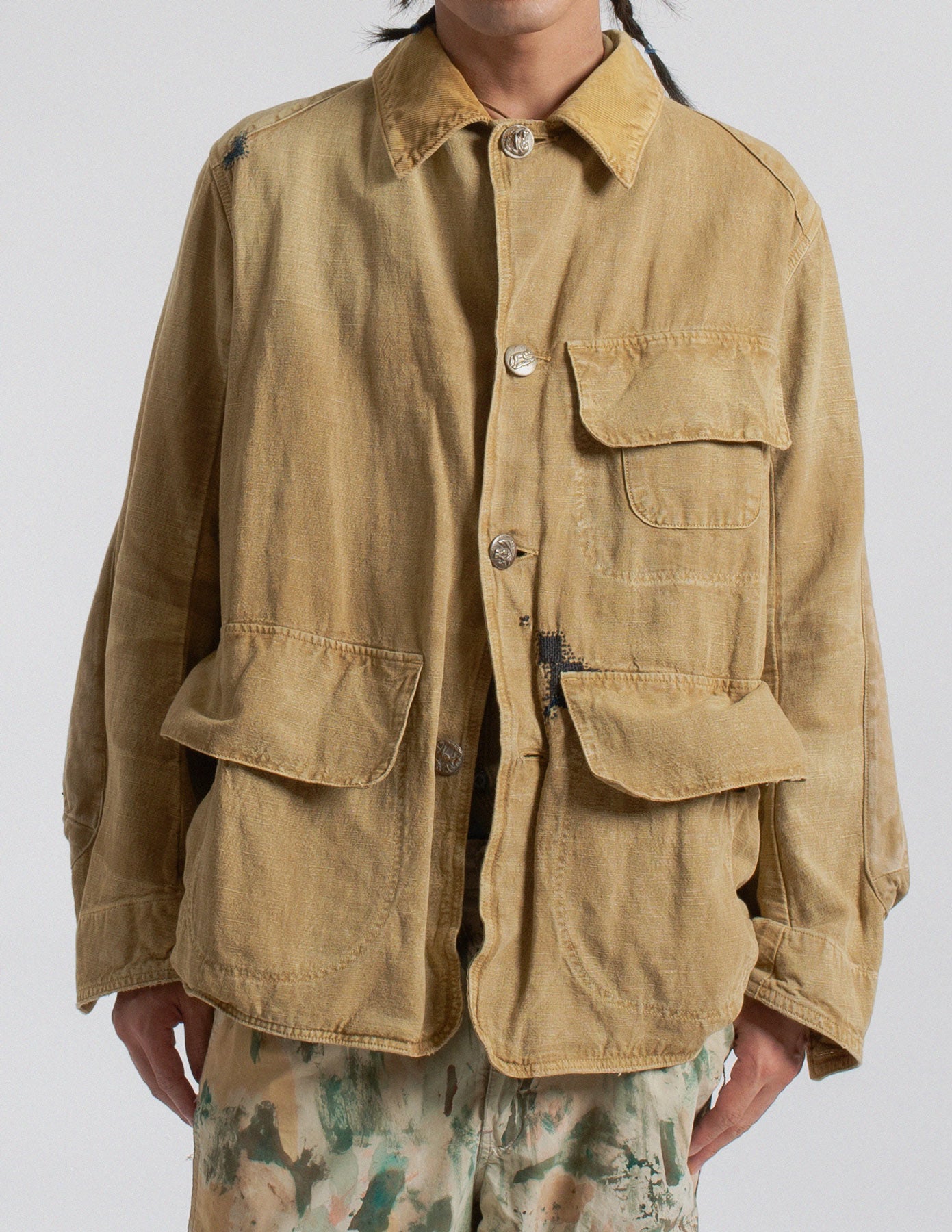 Kapital distressed canvas utility jacket front detail