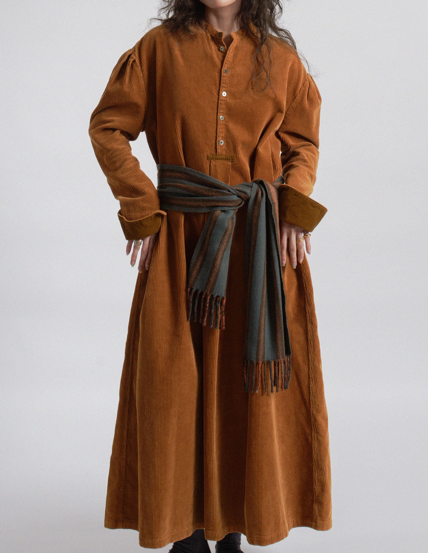 Kapital burnt orange corduroy oversized shirt dress front detail