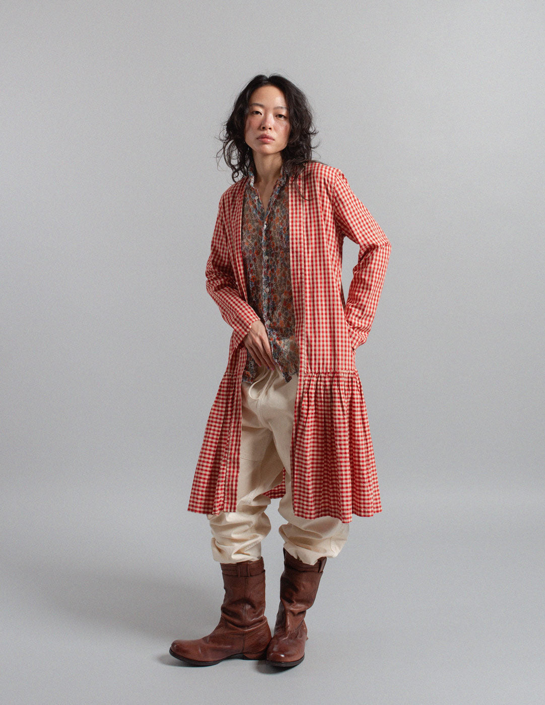 Kapital red and white gingham cotton open duster