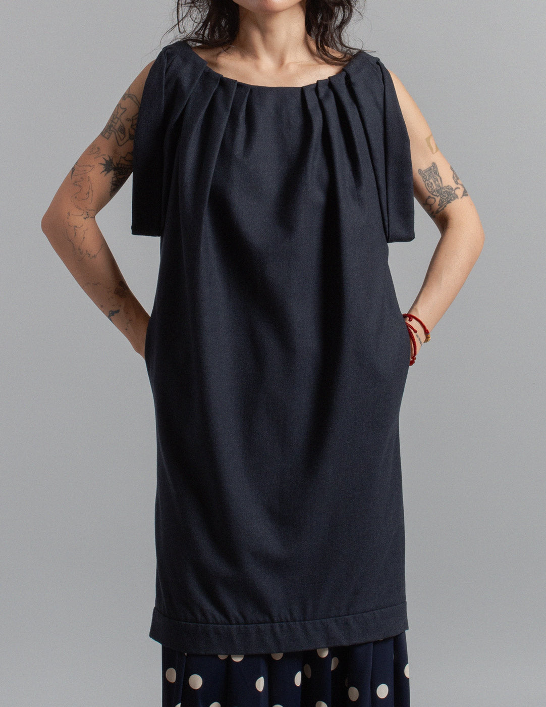 Miu Miu charcoal wool pleated shift dress front detail