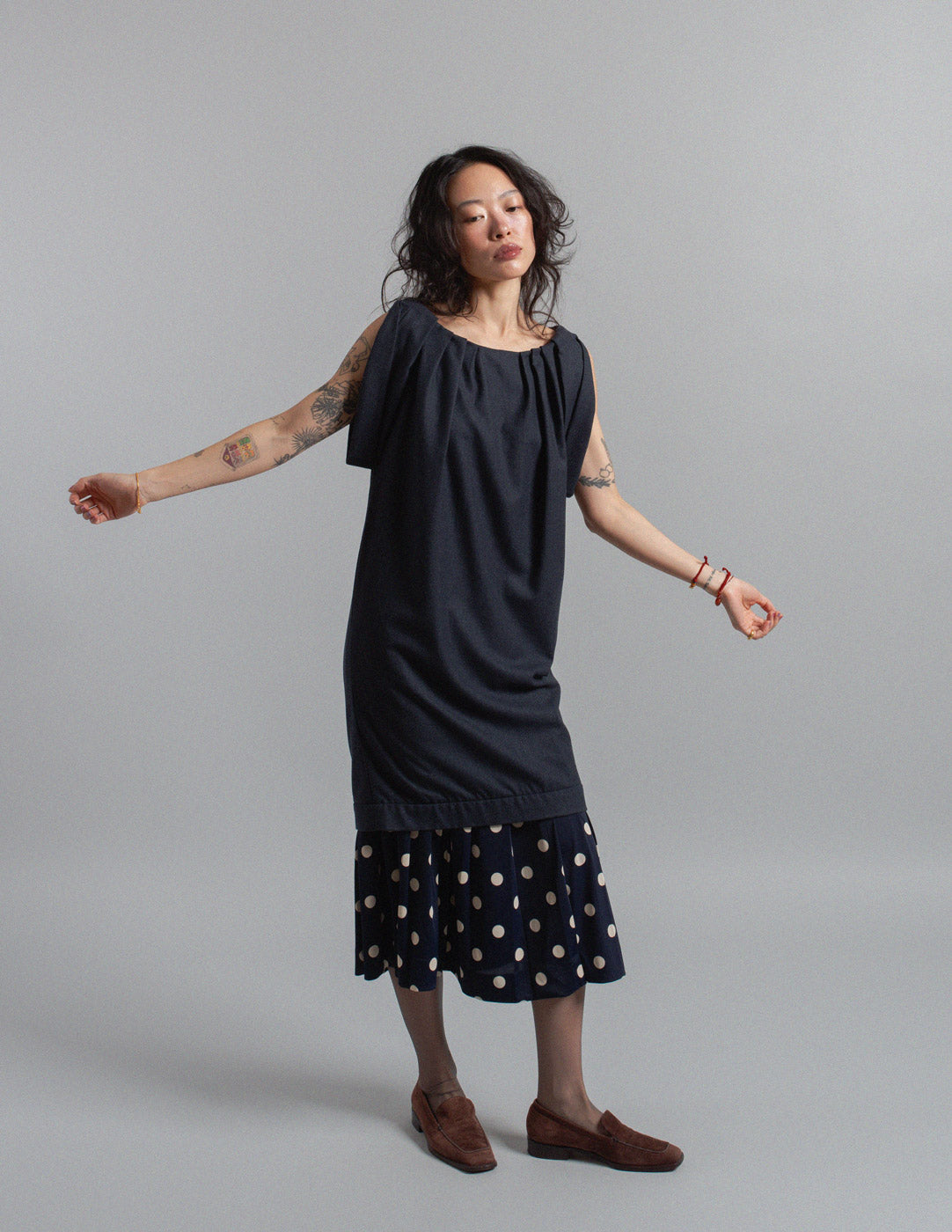 Miu Miu charcoal wool pleated shift dress