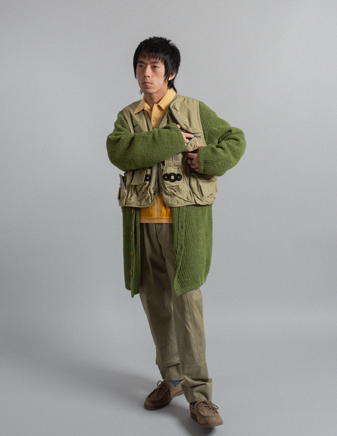 Giorgio Armani vintage moss green bouclé knit vest and cardigan set