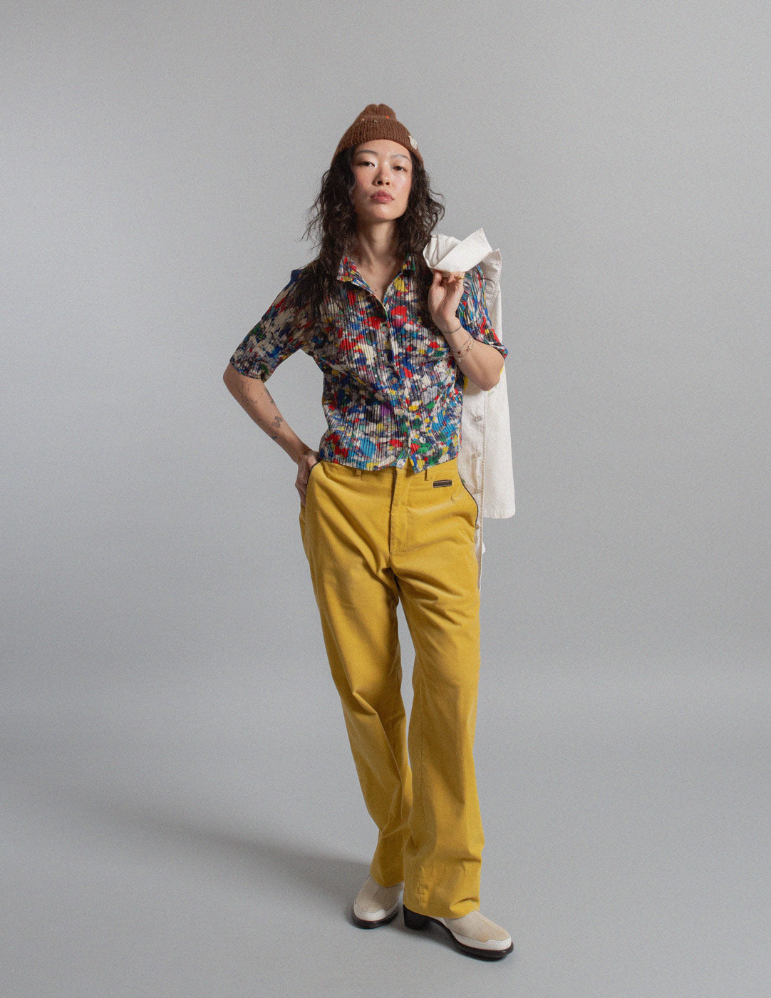 Pleats Please vintage multicolor abstract print pleated short-sleeve shirt